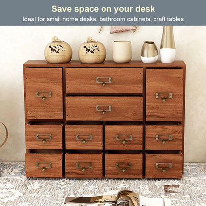 12 Drawer Wooden Apothecary Cabinet with Label Slot & Metal Handle Tabletop Storage Box Library Card Catalog Cabinet for Kitchen or Desk