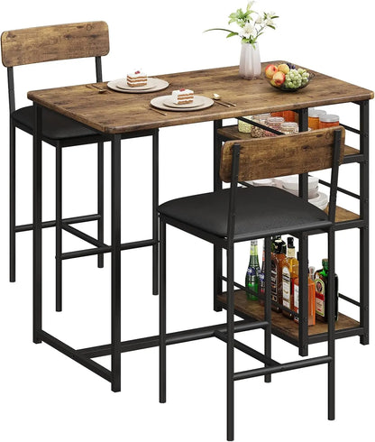 3-Piece Bar Table and Chairs Set with 3 Tier Storage Shelves,  with PU Cushion Bar Chairs