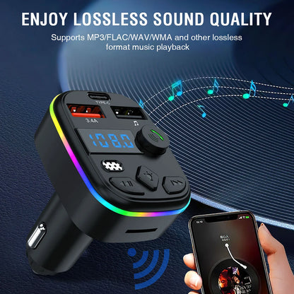 Hands Free Wireless MP3 Player Bluetooth-Compatible 5.3 Support TF Card U Disk Cell Phone Charger Car FM Transmitter