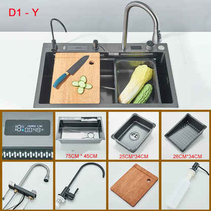 Multifunctional Kitchen Waterfall Sink Digital Display; 304 Stainless Steel