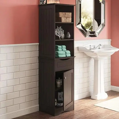 Storage Cabinet; Freestanding; Three Open Shelves and Drawer