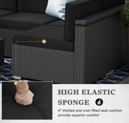 8 Pieces Patio Furniture Set with 44" Propane Gas Fire Pit Table, Outdoor Sectional Wicker Conversation Sofa Sets with Table