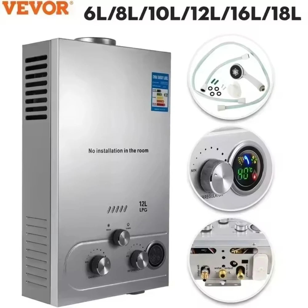 6L-18L LPG Gas Tankless Hot Water Heater Outdoor Use;  Stainless Steel Camping W/Shower Kit LPG Water Heater