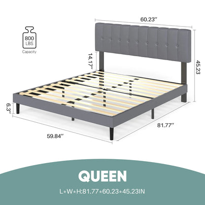 Wooden Solid Bed Frame with Fabric Upholstered 800LBS Sturdy Slats Support