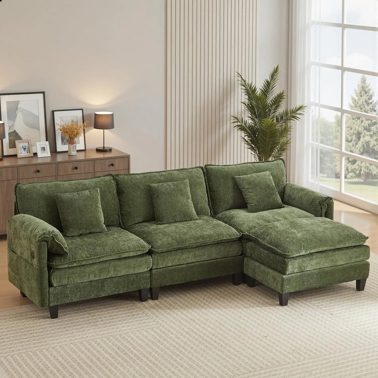 Luxury 108” Modular Sectional Sofa – Comfy Cloud Couch with Movable Ottoman, Charging Station,Side Pockets & Throw Pillows