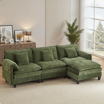 Luxury 108” Modular Sectional Sofa – Comfy Cloud Couch with Movable Ottoman, Charging Station,Side Pockets & Throw Pillows