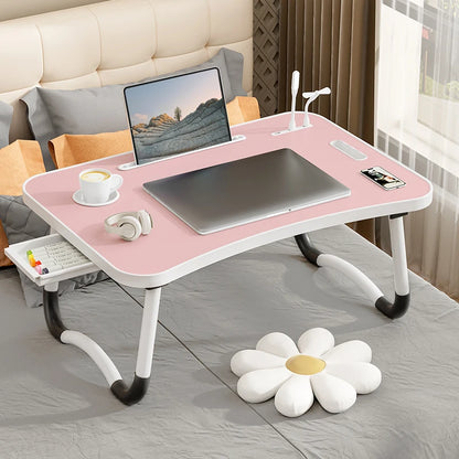 Portable Laptop Desk with USB Light, Small Fan, Cup Holder, Tablet Slot, and Lifting Handle