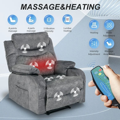 Overstuffed Massage Recliner Chair with Heat Fabric Massaging Manual Recliner with Cup Holders