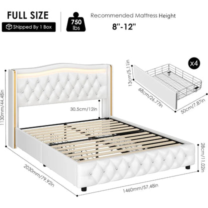 Full Size Smart LED Platform Bed Frame; 4 Storage Drawers; Gold Trim Wingback Headboard,