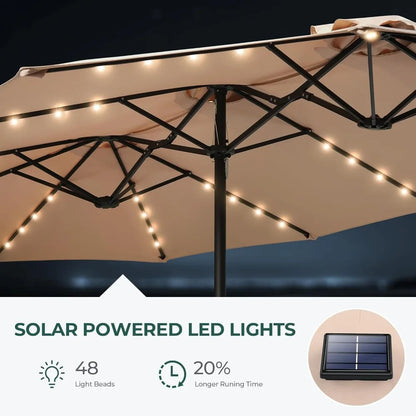 Double Sided Patio Umbrella - 13ft Solar Lights LED Lighted with Base Included