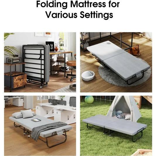 Folding Bed with Mattress, Metal Frame