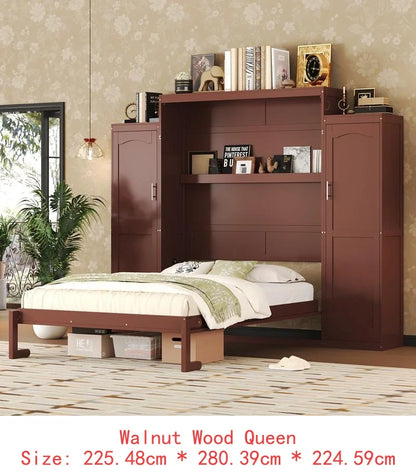 Queen Size Murphy Bed with 2 Wardrobes and Storage Shelf, Multifunctional Foldable Bed Frame for Guest Room and Bedroom, White