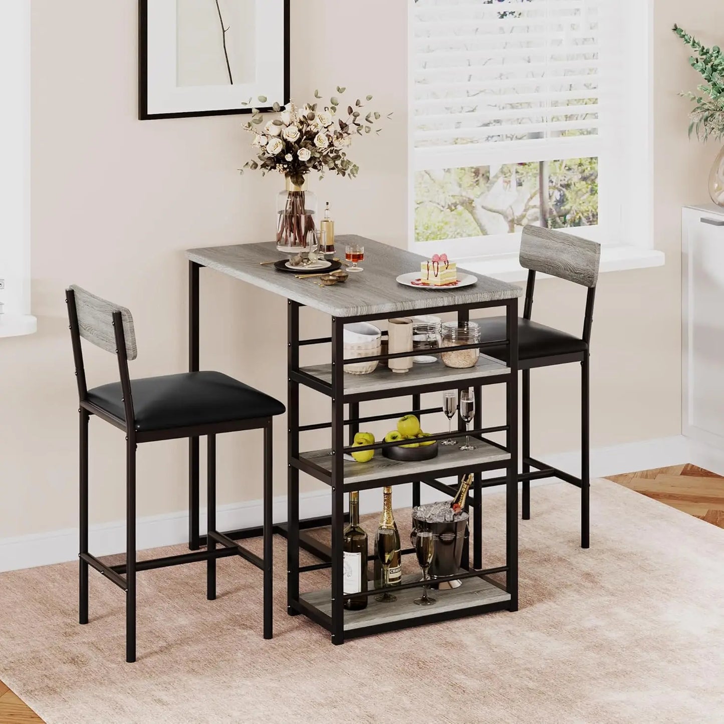 3-Piece Bar Table and Chairs Set with 3 Tier Storage Shelves,  with PU Cushion Bar Chairs