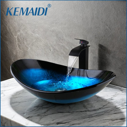 Tempered Glass Washbasin with Black Waterfall Faucet Bathroom Countertop Basin Sinks