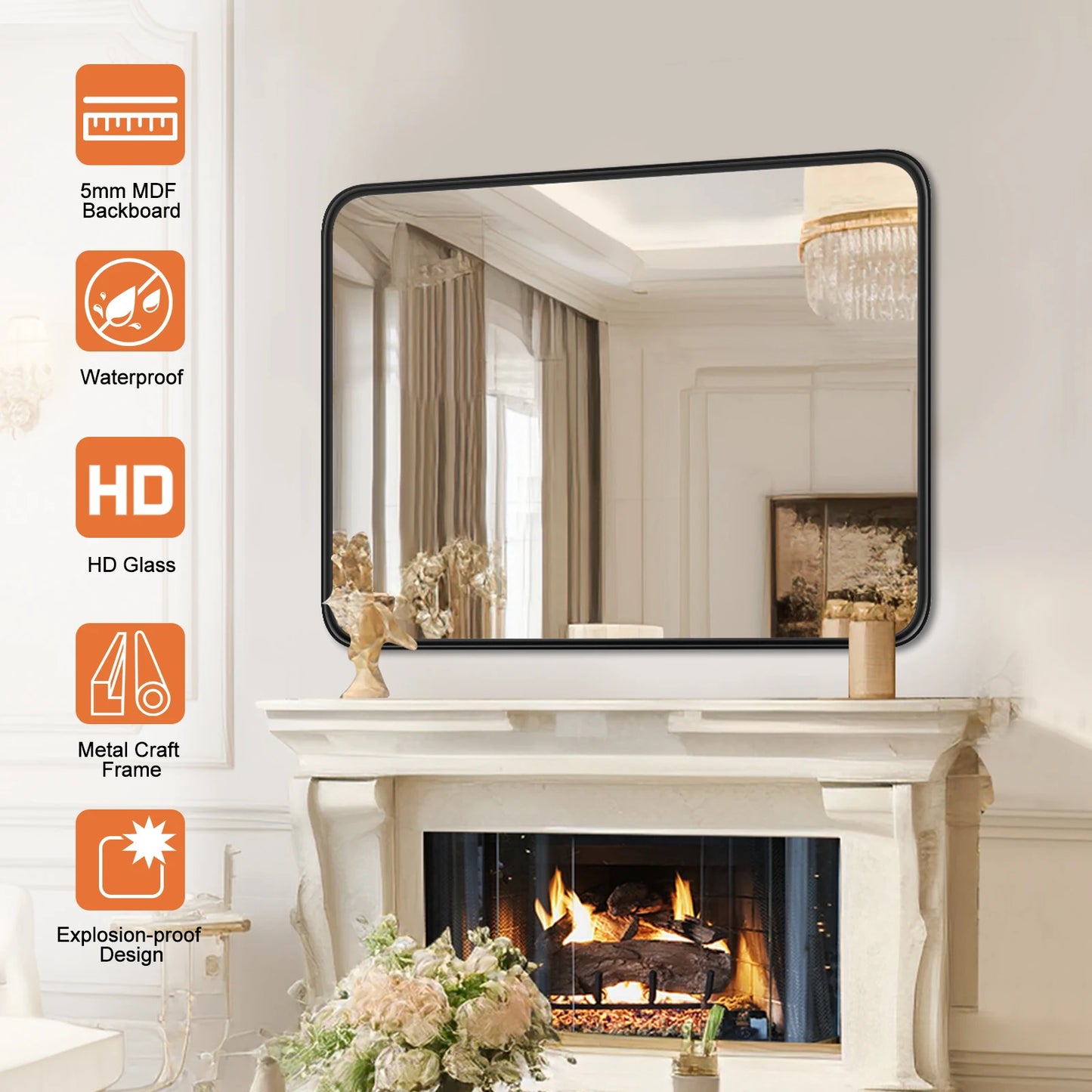 Matte Metal Framed Bathroom Mirror for Wall, Tempered Glass