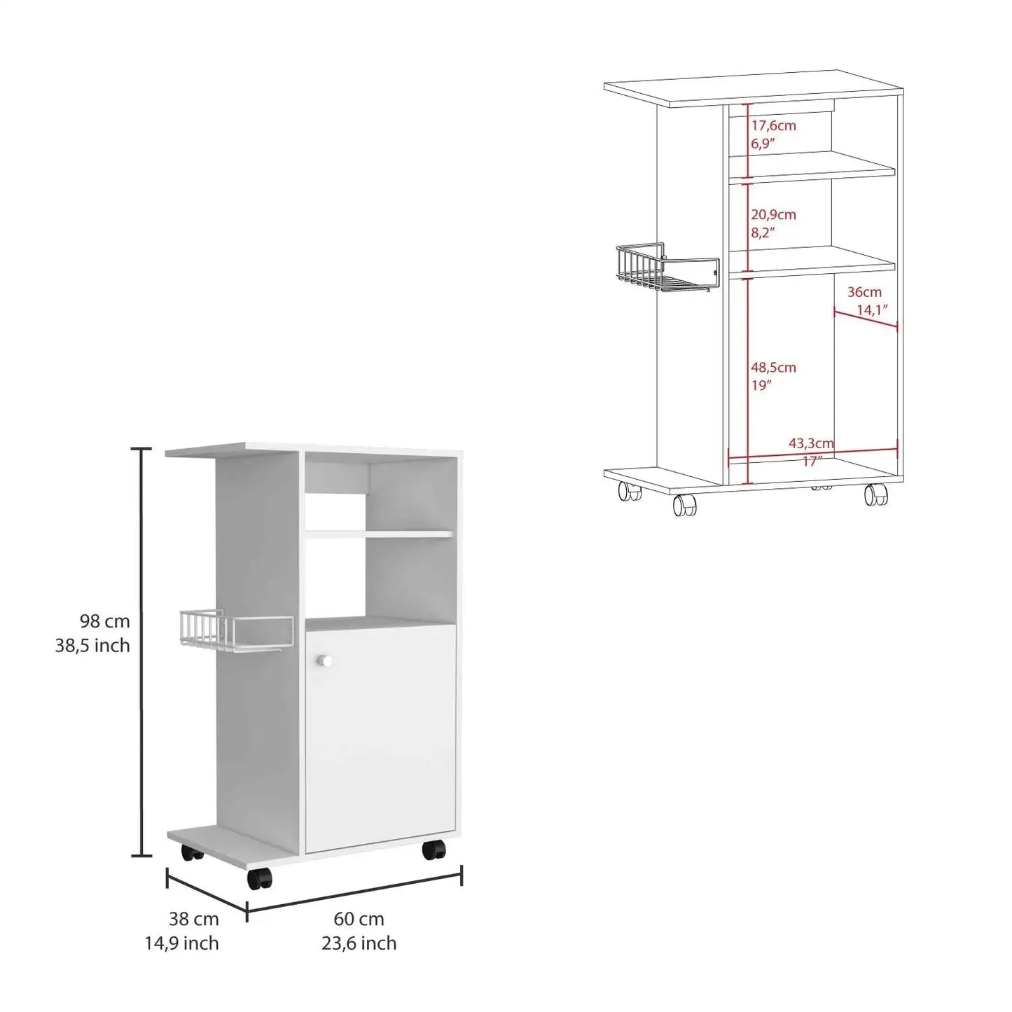 Clip Kitchen Cart, Single Door Cabinet, Four Casters White