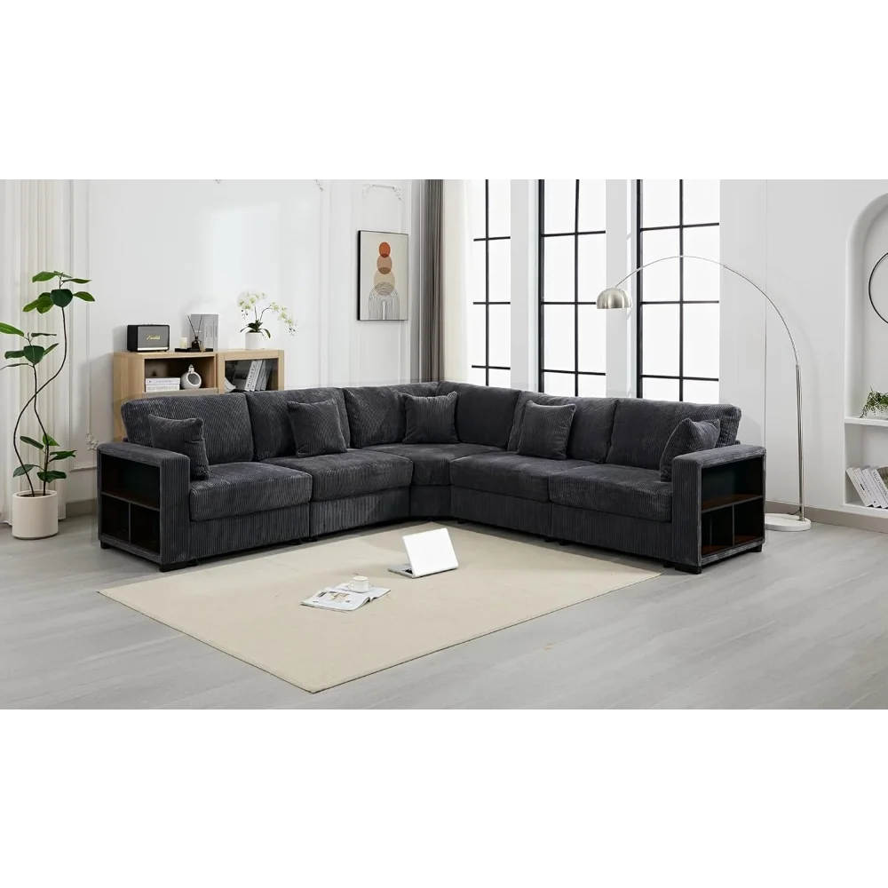 Corduroy Large Sectional Sofa Couches for Livingroom, Oversized 5 Seat L-Shaped Sofa Set with Chaise&Storage Cabinet
