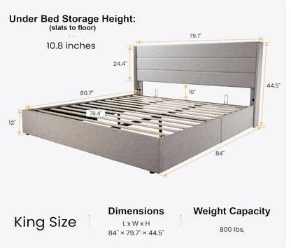 King Size Lift Up Storage Bed/Modern Wingback Headboard/Upholstered Platform Bed Frame/Hydraulic Storage/No Box Spring Needed