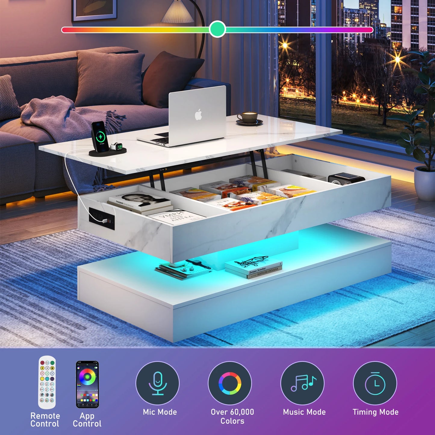 High Glossy LED Coffee TableOpen Display Shelf & Large Storage Space