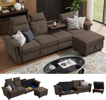 110" Sectional Sofa, Convertible L Shaped Sofa with Ottoman and Large Storage, 4 Seat Sectional with Cup Holder