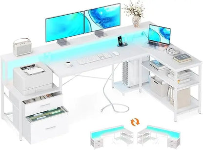L Shaped Computer Desk with File Drawer, Power Outlet & LED Strip