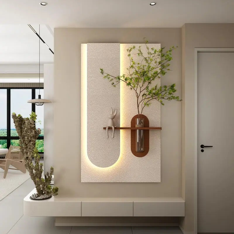 Adjustable 3-Color LED Sandstone Wall Decor with Simulated Green Plants, 3D Art Sculpture, Glass Vase & Rabbit Statue
