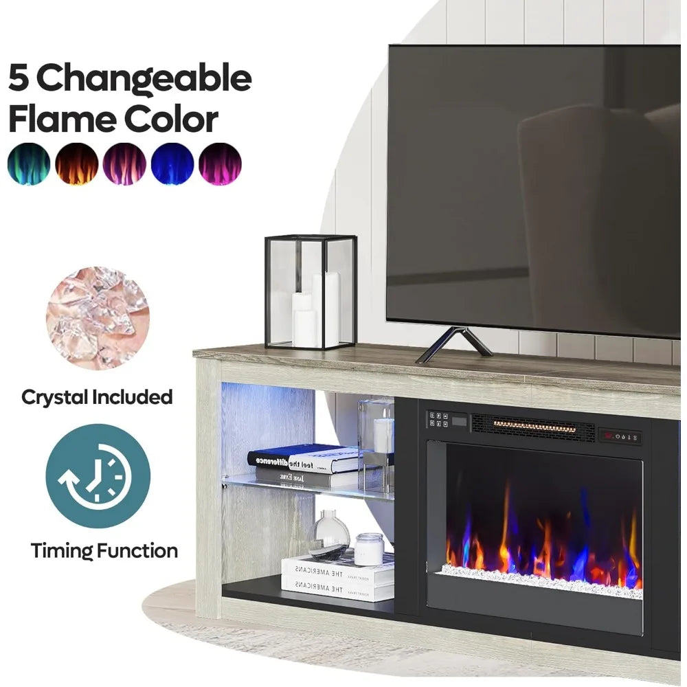 Fireplace TV Stand for 75 inch TV with 23 inch Electric Fireplace, 70 inch Entertainment Center for Living Room with LED Light