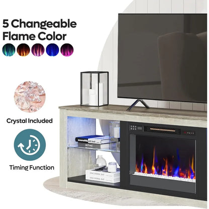 Fireplace TV Stand for 75 inch TV with 23 inch Electric Fireplace, 70 inch Entertainment Center for Living Room with LED Light