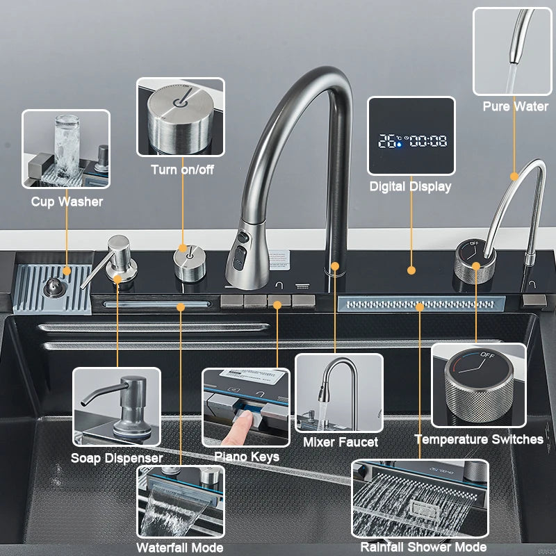 304 Stainless Steel Kitchen Sink with Digital Display Waterfall Faucet, Multifunctional Large Single Slot Whale Sink