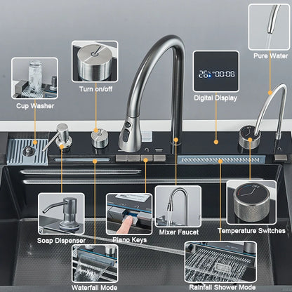 304 Stainless Steel Kitchen Sink with Digital Display Waterfall Faucet, Multifunctional Large Single Slot Whale Sink