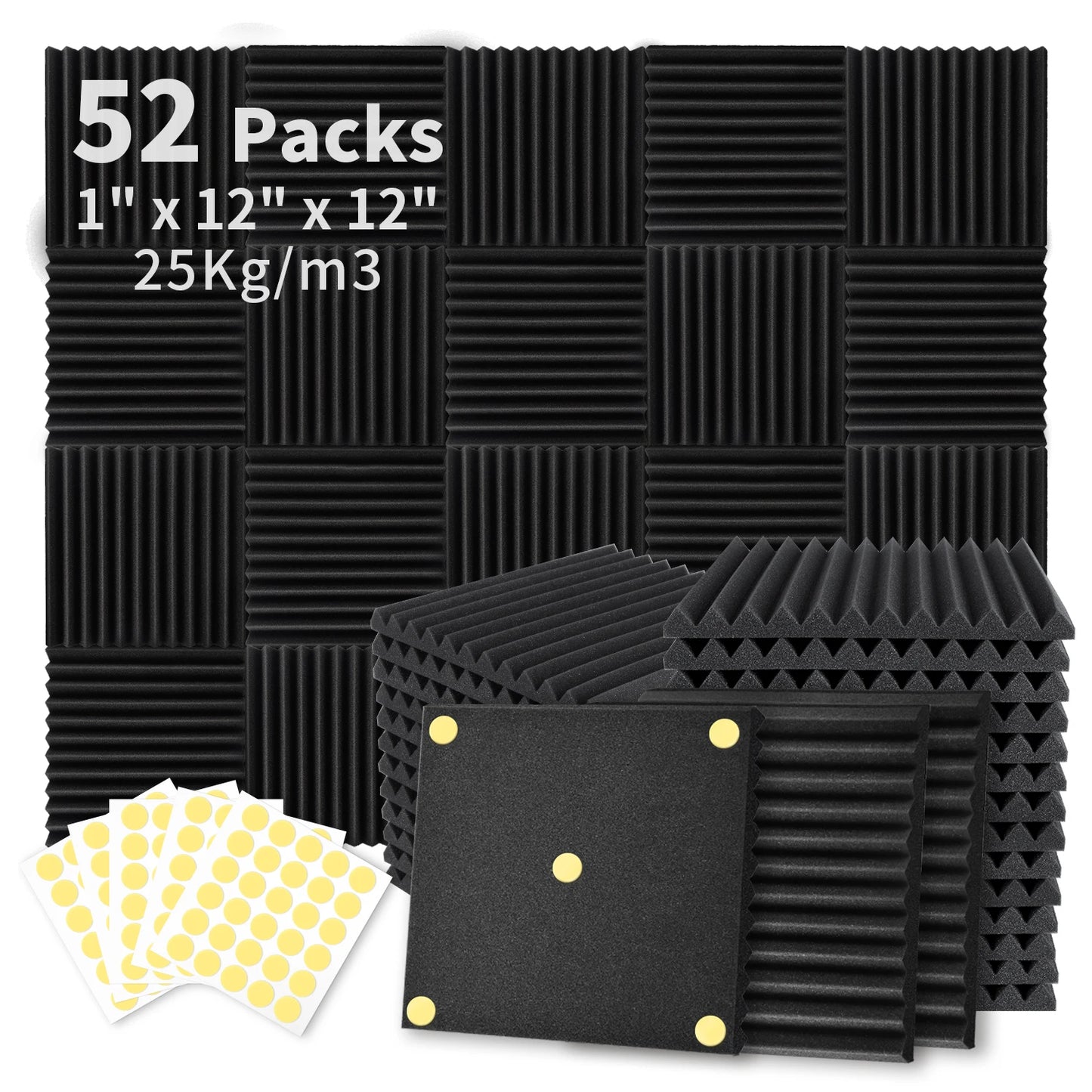 52 Pack Acoustic Foam Panels 1" x 12" x 12" Sound Proof Noise Cancelling Wedge Panels