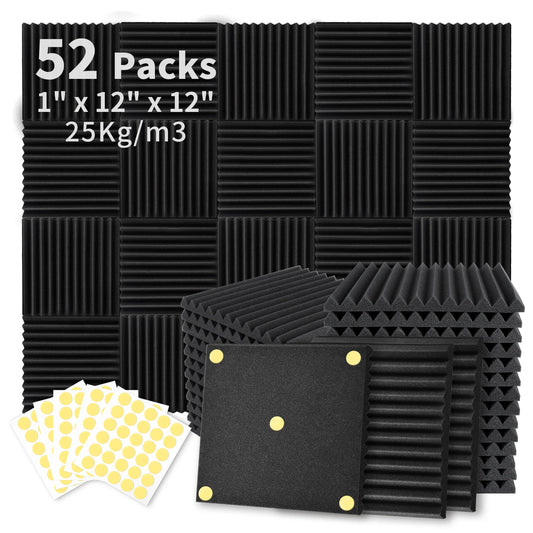 52 Pack Acoustic Foam Panels 1" x 12" x 12" Sound Proof Noise Cancelling Wedge Panels