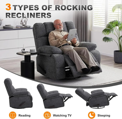 Oversized Extra Large Recliner Rocker Chair; Extra Wide; Manual Swivel Recliner