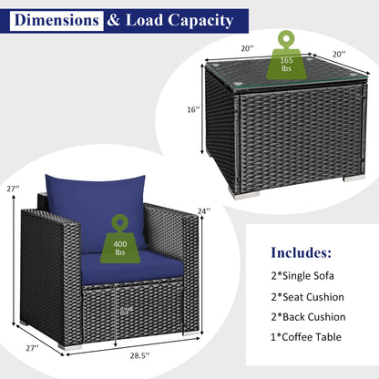 3PCS Patio Rattan Wicker Furniture Set Sofa Table W/Cushion Navy Blue