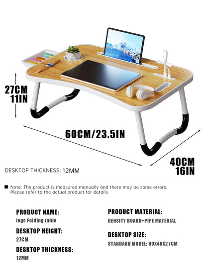 Portable Laptop Desk with USB Light, Small Fan, Cup Holder, Tablet Slot, and Lifting Handle