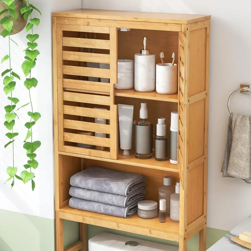 Freestanding tall bamboo bathroom shelf with two doors and open storage above toilet