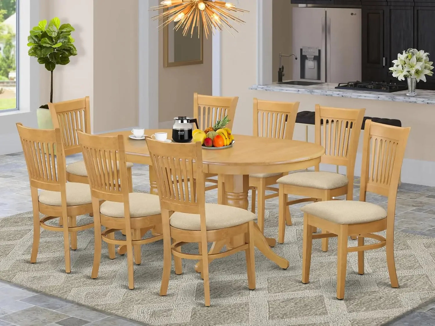 9 Piece Kitchen Set Includes an Oval Table with Butterfly Leaf and 8 Linen Fabric Dining Room Chairs