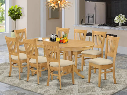 9 Piece Kitchen Set Includes an Oval Table with Butterfly Leaf and 8 Linen Fabric Dining Room Chairs