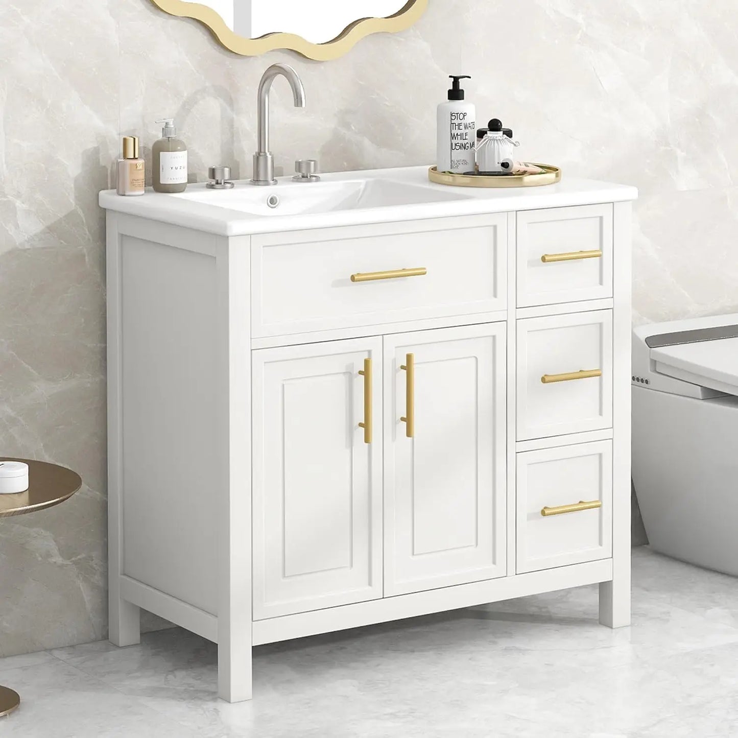 36 inch Bathroom Vanity with Sink, Wood  Storage Cabinet with 3 Drawer, 1 Bottom Divider Drawer