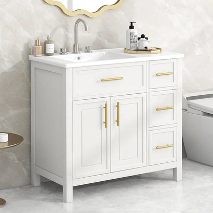 36 inch Bathroom Vanity with Sink, Wood  Storage Cabinet with 3 Drawer, 1 Bottom Divider Drawer