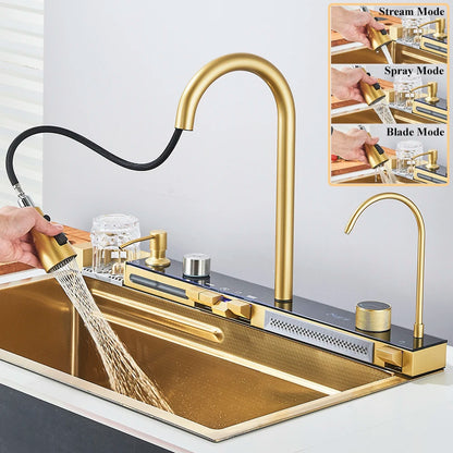 Multifunctional Kitchen Waterfall Sink Digital Display; 304 Stainless Steel