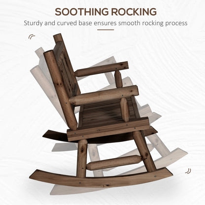 2-Person Patio Rocking Chair Wooden Log Loveseat Rocker Backyard Garden Walnut