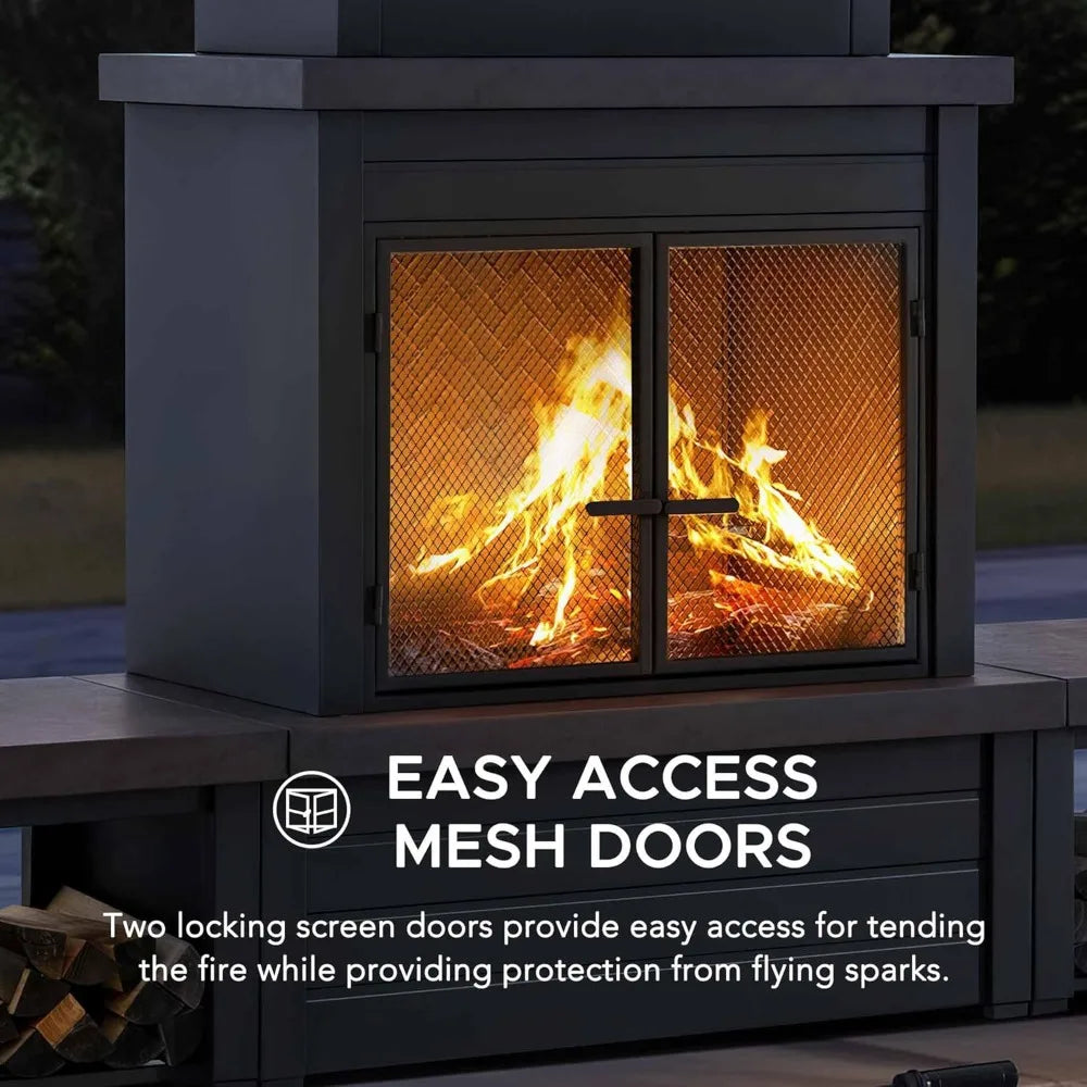 Outdoor Fireplace with Wood Storage and Chimney, Steel Metal Fire Pit