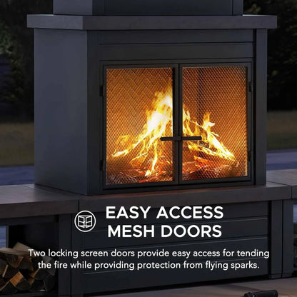 Outdoor Fireplace with Wood Storage and Chimney, Steel Metal Fire Pit