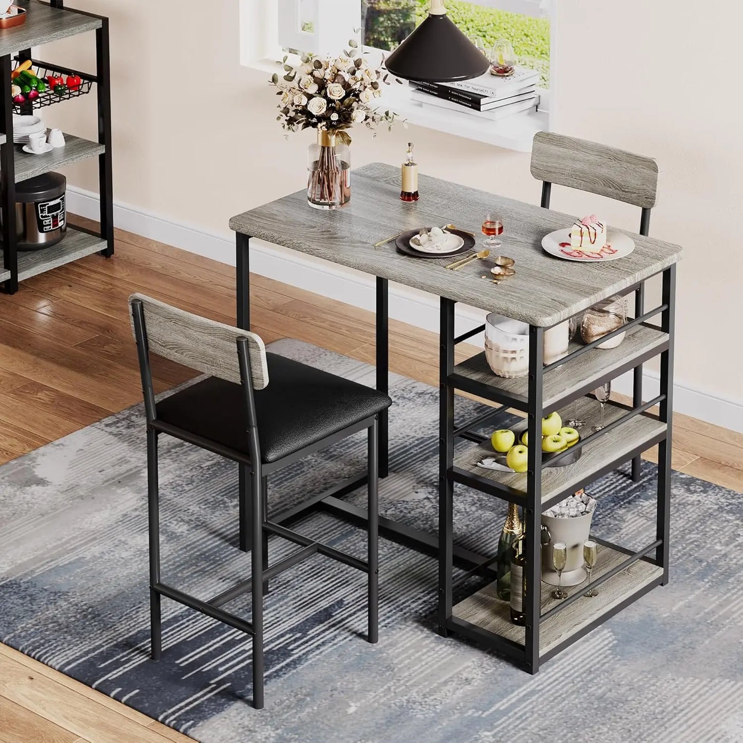 3-Piece Bar Table and Chairs Set with 3 Tier Storage Shelves,  with PU Cushion Bar Chairs