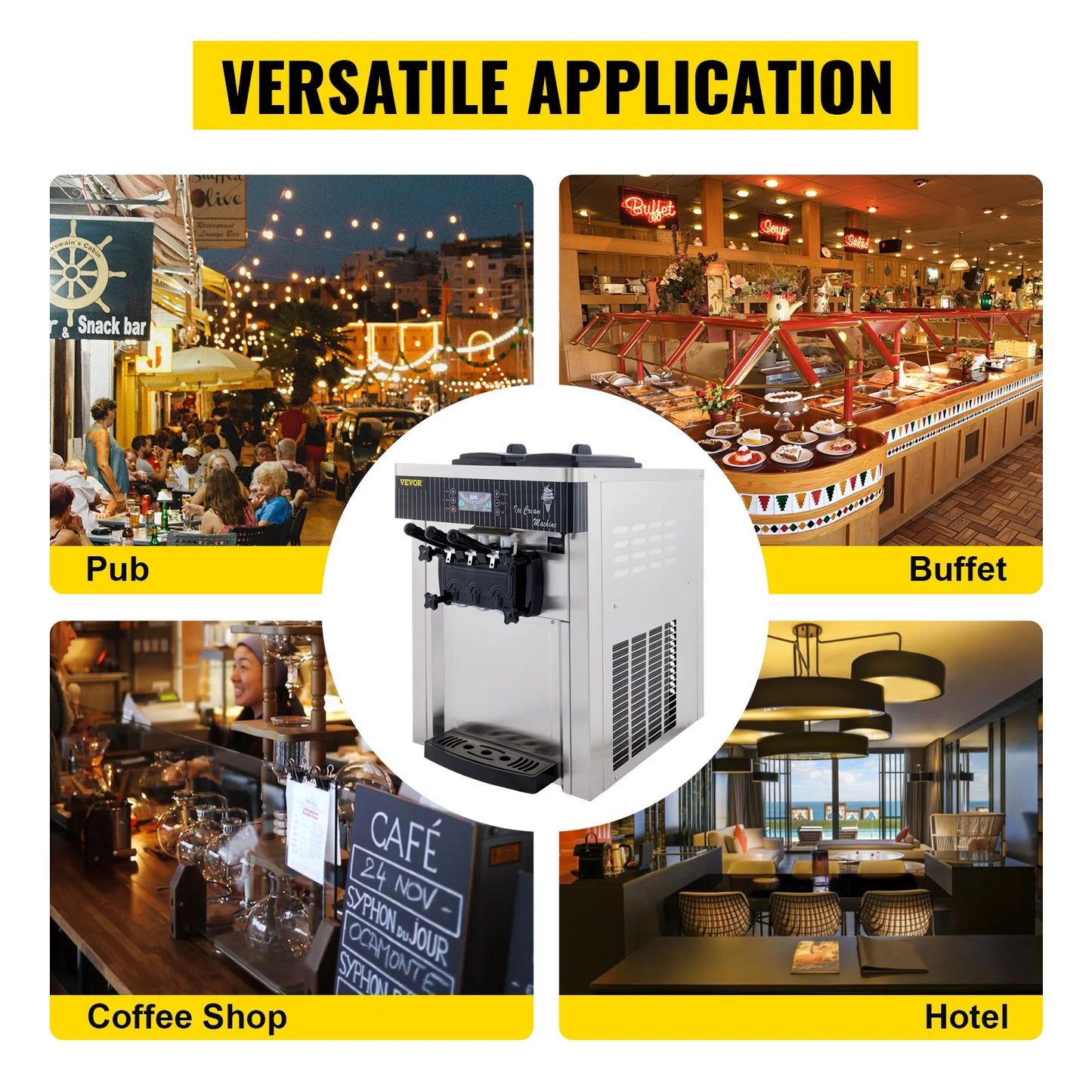 Sihao 2200W Ice Cream Machine 5.3-7.4Gal/H Soft Serve with LED Display Auto Clean 3 Flavors