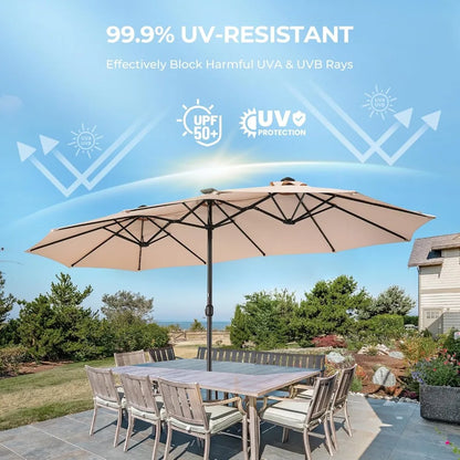 Double Sided Patio Umbrella - 13ft Solar Lights LED Lighted with Base Included