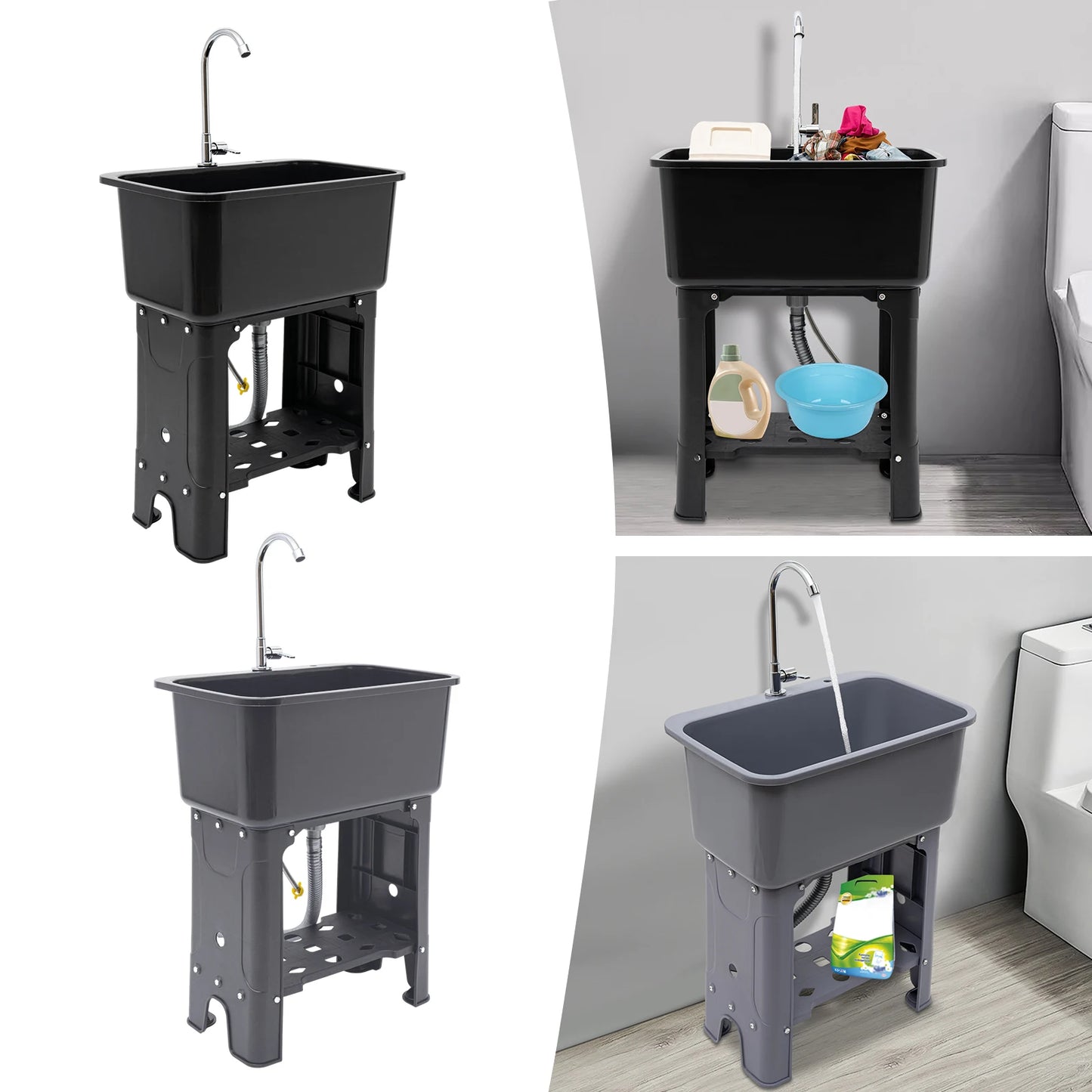 Large Utility Sink Laundry Tub (22.05x12.6x10.24"), Black Color, Quick Drainage, Full Set with Faucet, Hose, and Drain Pipe Incl