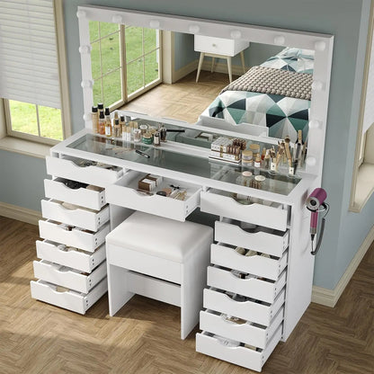 Vanity Desk with Mirror and Lights, with Charging Station, 15 Drawers
