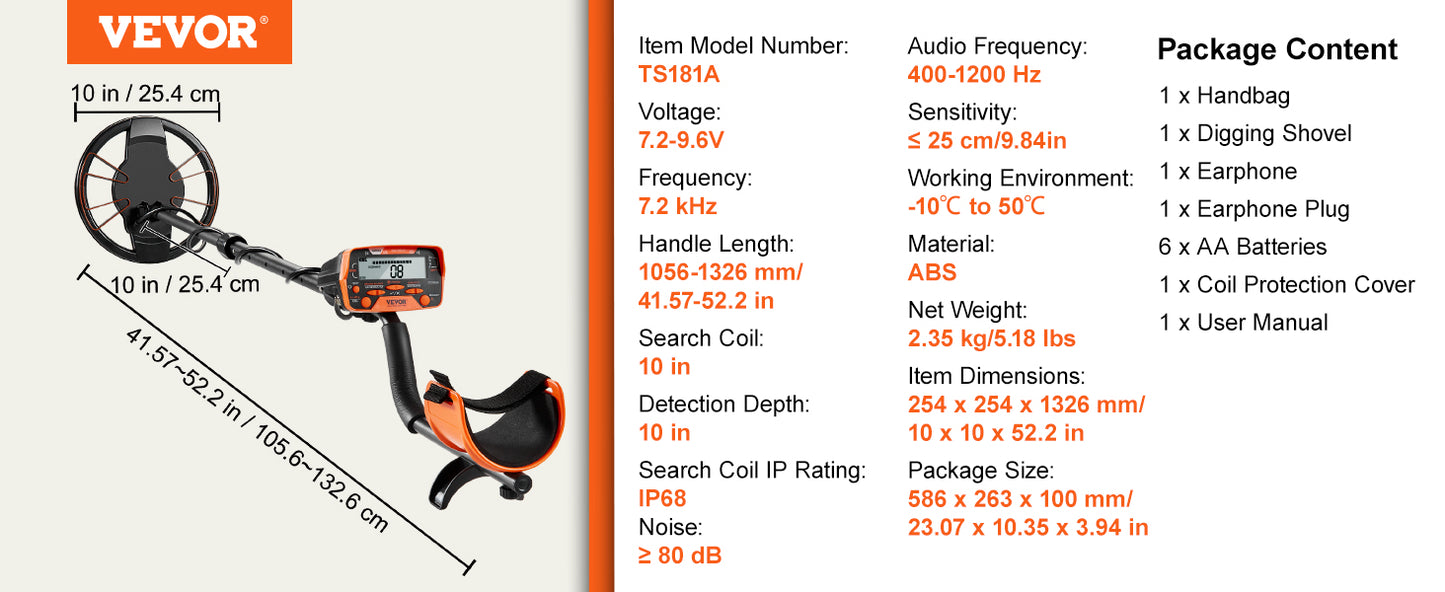 Metal Detector 10Inch Waterproof Search Coil with LCD Display 7 Modes Adjustable 41''-52''
